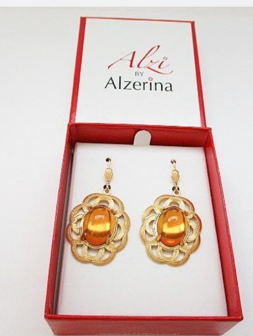 Alzerina Gold and Amber Cabochon Statement Earrings